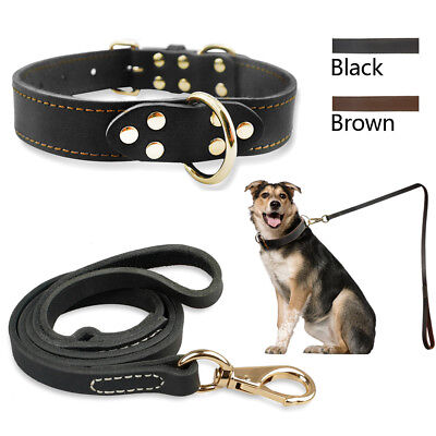 Luxury Genuine Leather Dog Collar & Leash Set Heavy Duty for Medium Large Dogs