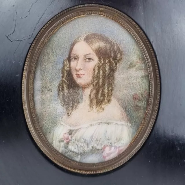 Antique 19th Century Signed Portrait Miniature Lady W/ Ringlets By Pina Migliore