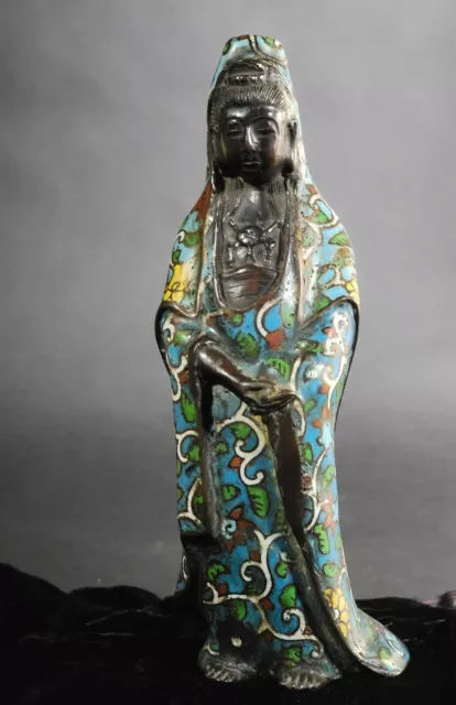 Antique Chinese Cloisonne Bronze Enamel Guanyin Bao Xiang Hua Figure Statue