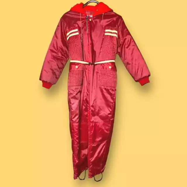 Vintage 60s 70s Le Chalet Ski Snowsuit Size Medium Maroon Yellow Faux Fur