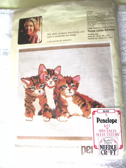 Penelope  - New - Panel Or Cushion Front Embroidery Kit  - Vintage - Kitten Cats