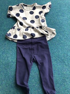 Used Mothercare Girls 2 Piece Navy Spots Top & Ny Leggings Set Size 12-18 Months