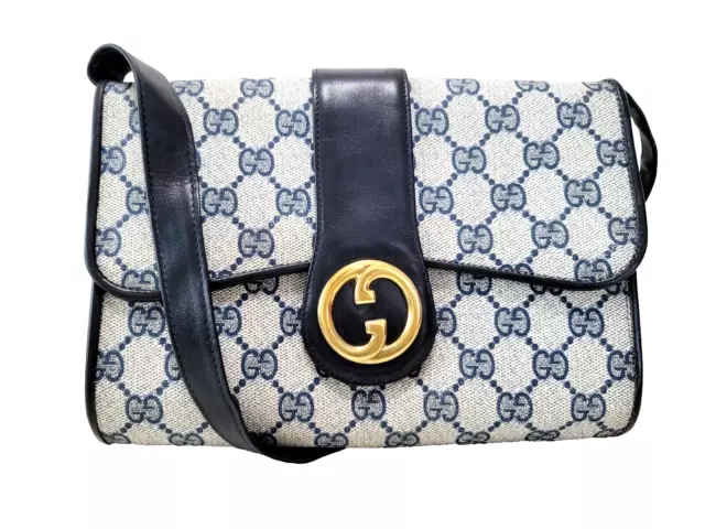 *Rare* GUCCI Shoulder bag Interlocking Navy PVC Leather Purse Vintage Auth