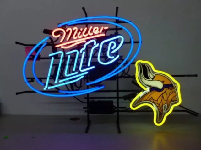 Minnesota Vikings Miller Lite Beer Neon Light Sign 19x15 Lamp Man Cave Bar Decor