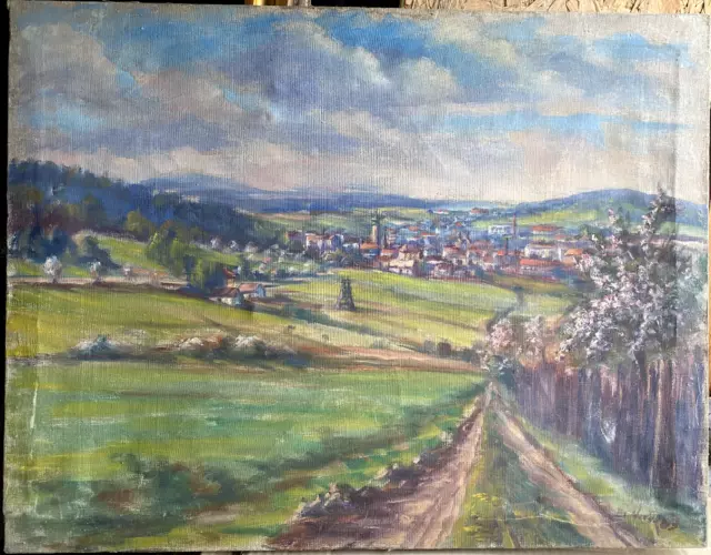 ::Ölgemälde Landschaft Mit Kirche Und Stadt B. Nova Signiert Berge Wiesen Antik