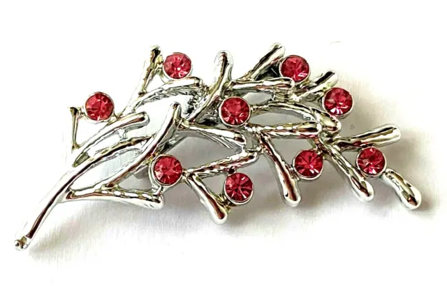 Jolie BROCHE branche arbre feuille Argenté strass ROSE NEUVE 5,7cm