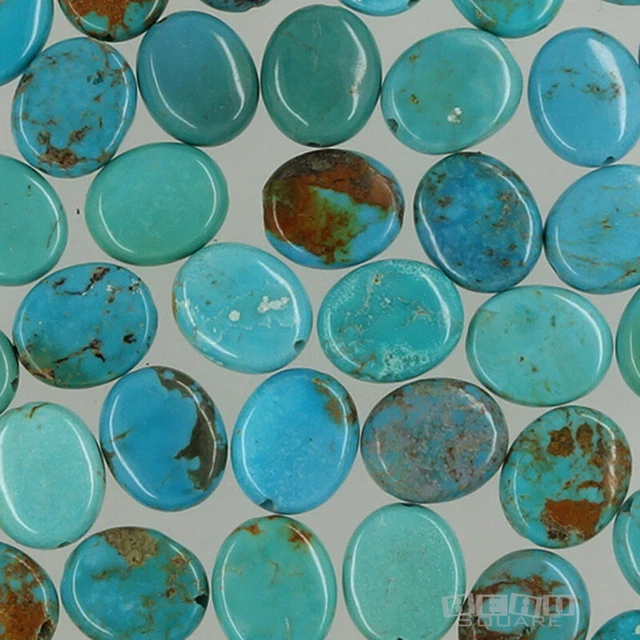 10 Genuine Chinese Turquoise Flat Oval Loose Beads 10mm x 12mm Blue/Green