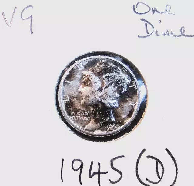 1945 D (Denver Mint) One Dime VeryGood 90% Silver Mercury Winged Liberty