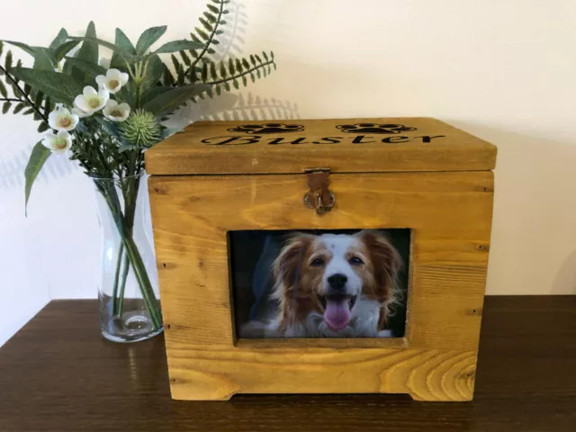 Photo & Name Personalised Wooden Pet Dog Cat Pawprint Memory Keepsake Ashes Box