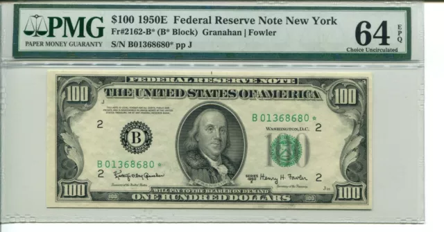 Fr 2162-B* Star 1950E $100 Federal Reserve Note Pmg 64 Epq Choice Uncirculated