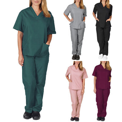 Medical Women Nursing Scrub Suit V-neck Nurse Uniform T-Shirt Tops Pants Set New