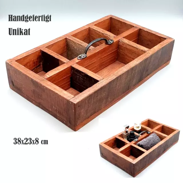 Aufbewahrungsbox Vintage 38x23 Organizer Holz massiv mit Metall Griff Holzkiste