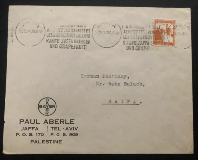 1939 Jaffa Palestine Paul Aberle Commercial Cover To Haifa