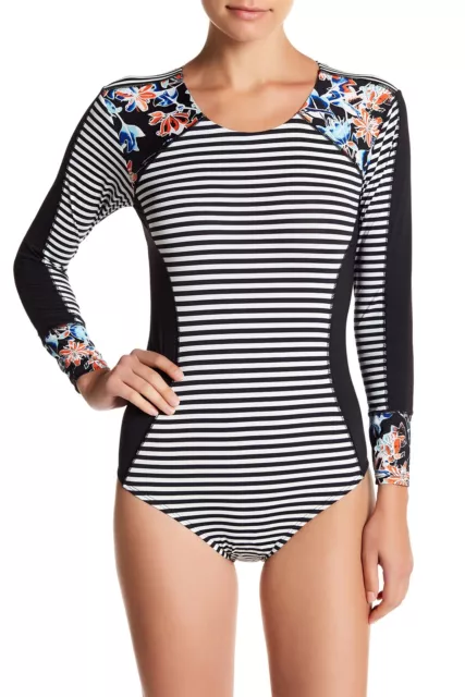 Tart Pamona Long Sleeve One-Piece Swimsuit Sz XS FLORAL AND SWIM STRIPE