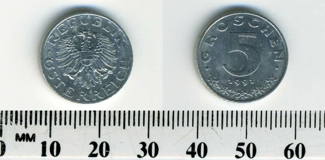 Austria 1991 - 5 Groschen Zinc Coin - Imperial Eagle with Austrian shield 2