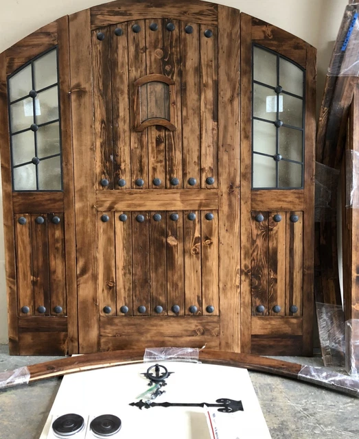 Rustic ALDER solid lumber eyebrow arch glass door speakeasy wroughtiron sidelite 2