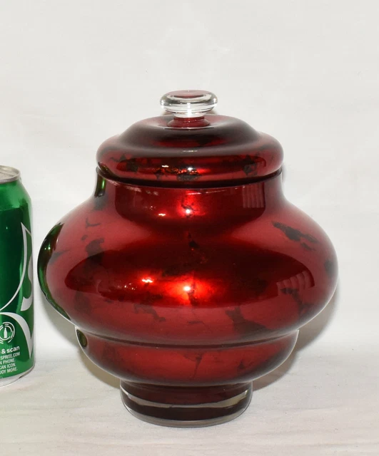 Vintage Mid Century Red Mercury Glass Lidded Urn Jar Bowl Hand Blown Lidded Urn