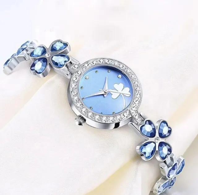 Armbanduhr Uhren Damen Frauen Strass Quarz Silber Blau Modeschmuck Geschenk Neu