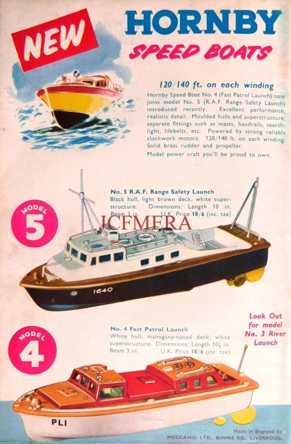 A Boxed Clock-work Hornby Speed Boat Named Racer III in Blue and White