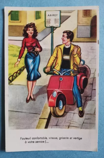 MAN ON VESPA TYPE SCOOTER postcard from France p/u 1955