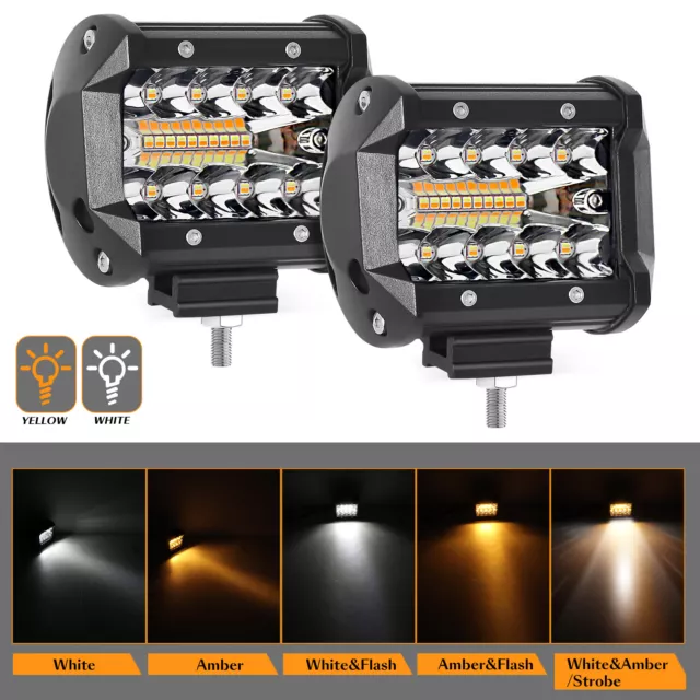 Pair 120W 4" inch LED Work Lights Spot Flood LED Light Bar Reverse White & Amber