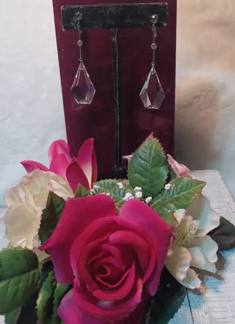 Vintage Antique Art Deco Clear Czech Glass Long Drop Dangle Earrings
