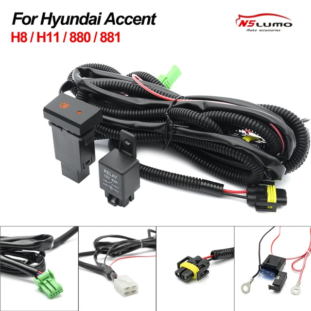 For Hyundai Accent H8 H11 LED Fog Lamp Wire Harness Kit Wiring Switch Relay Fuse