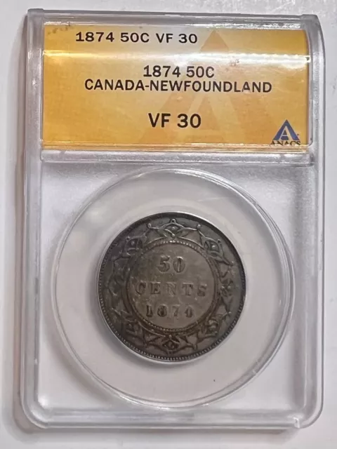 1874 Canada Newfoundland Silver Half Dollar 50C ANACS VF 30