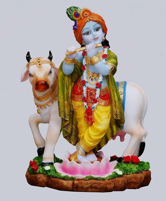 HINDU GOD LORD Krishna With Cow Idol Sculpture Statue Figurine Polyster