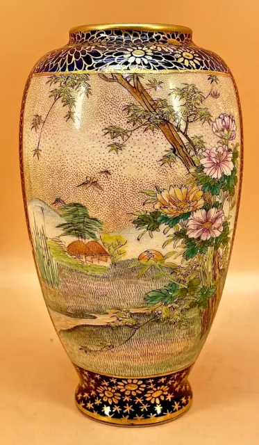 Japanese Meiji Cobalt-Blue Satsuma Vase W/ Detailed Decorations  Signed