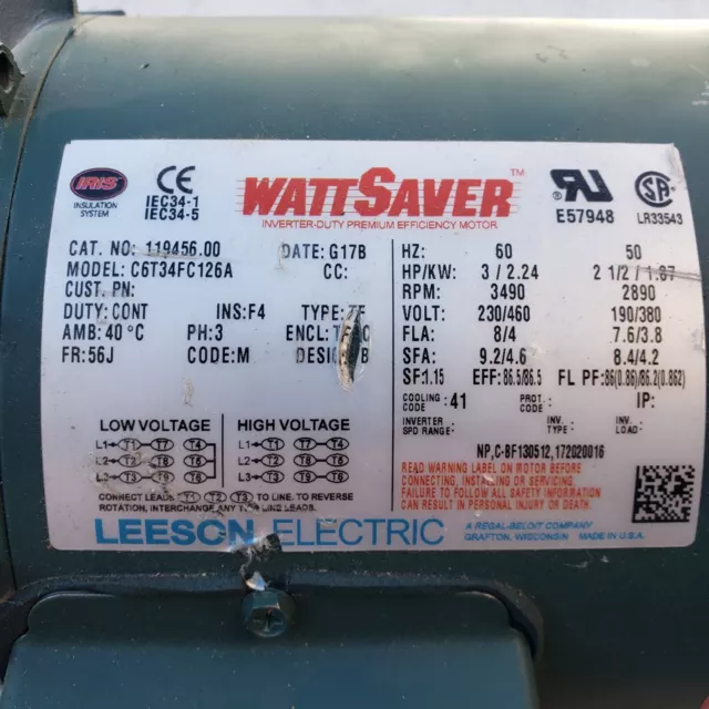 Wattsaver C6T34FC126A LEESON 119456.00 WATTSAVER 3HP MOTOR 2