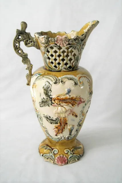 Antique Ornate Majolica Reticulated Diamond Flower Pitcher Jug Vase 13.75" Tall