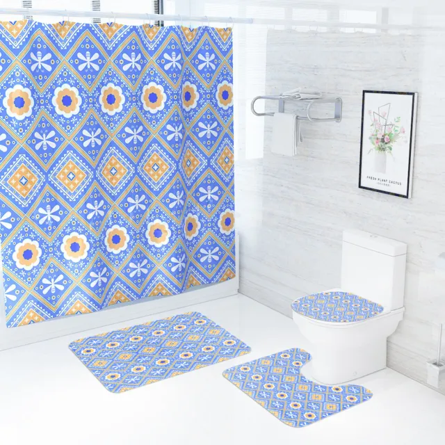 Blue Stripe Shower Curtain Bath Rug Toilet Lid Cover Set