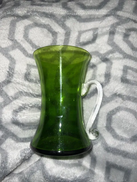 Beautiful Vintage Enesco Green Glass Drinkware with Clear Glass Handle.