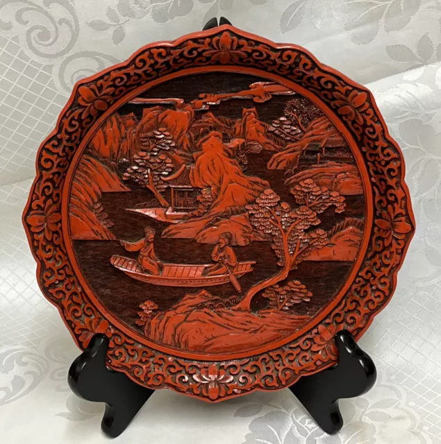 Vintage Chinese Red Cinnabar intricately hand carved plate.
