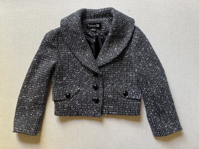 Forever 21 jacket Women’s Size S cropped tweed Blazer Black/white Lined 3 button