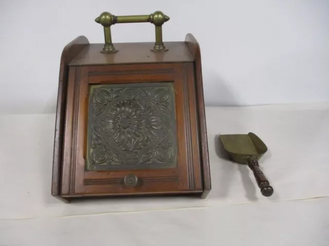 Antique Wooden Brass Plate Fireplace Scuttle Box w/ Shovel & Insert