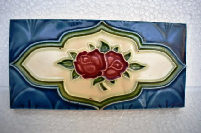 Ancien Carreau Art Nouveau Majolique Japon Rose Céramique Porcelaine Bleu Fleur