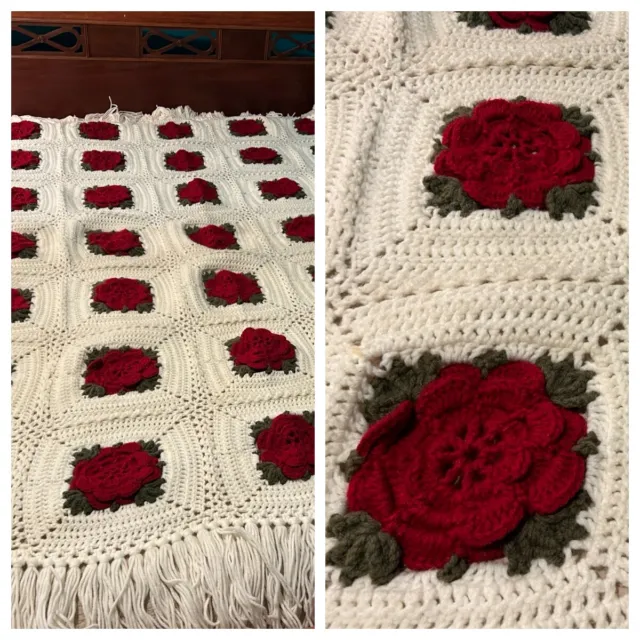 Hand Crochet Afghan Cream 3D Red Roses 77" x 48" Incl 5" Deep Top Bottom Fringe