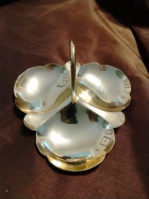 Vintage Gold Plated Eberle Three Compartment 6" Trinket Dish Condiments Tray