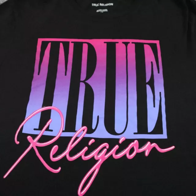 True Religion Shirt Men L Black Pink Purple Crew Neck Spell Out Tee Logo 8155 2