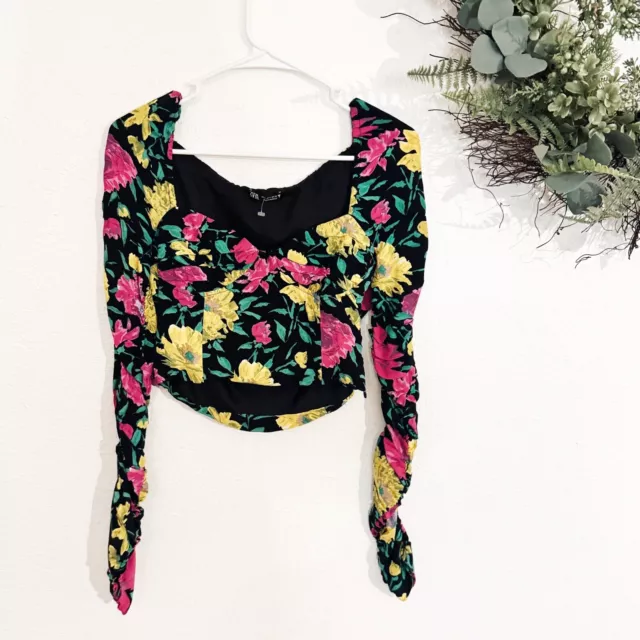 Zara Floral Crop Top Women’s Small Black Pink Sweetheart Neck Long Sleeves