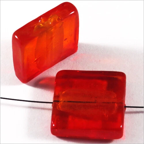 Lot de 4 Perles en Verre Lampwork Feuille d’Argent Carrées 20mm Rouge