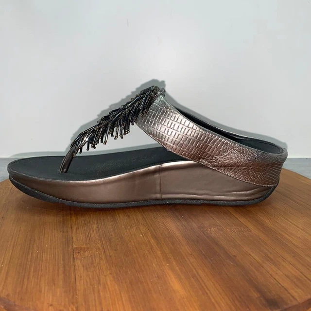 Fitflop Cha Cha Beaded Thong Wedge Sandal Womens 7 Leather Metallic 336-289 Shoe 2