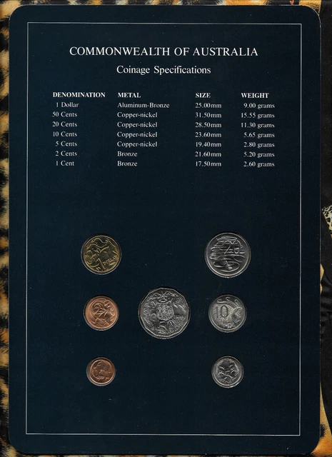 Coin Sets of All Nations Australia w/card $1,50,20,10,5,2,1 cents 1984 UNC 2