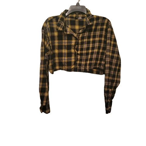 H&M Divided Girls Black Yellow Plaid Long Sleeve Button-Up Cropped Shirt Size M