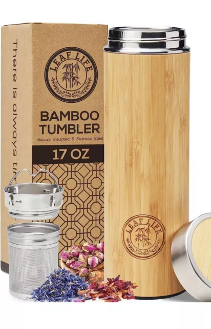 LeafLife Premium Bamboo Thermos W/  Tea Infuser & Strainer 17 oz Keep Hot & Cold