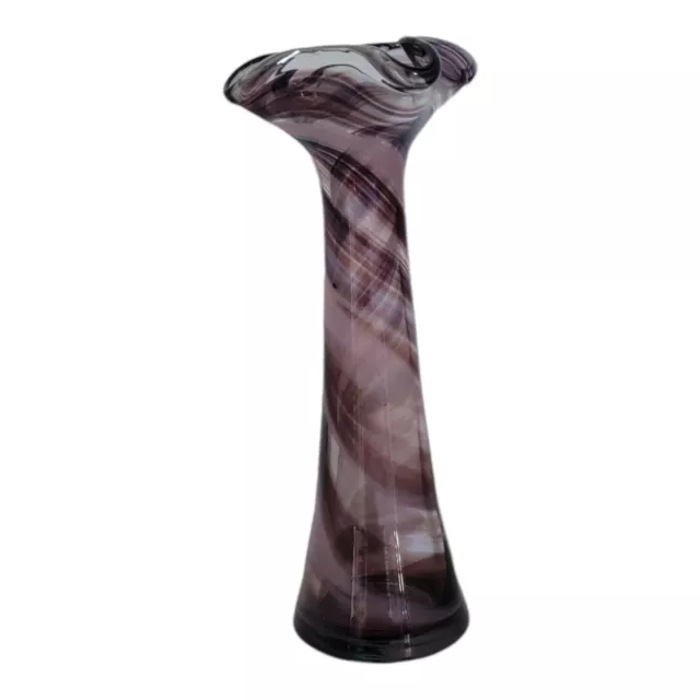 Vtg Purple White Swirled Twisted Pattern Glass Swung Vase Hand Blown 6.5" MCM