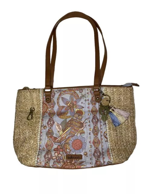 Sakroots Sak Roots Meadow Medium Satchel/Purse Straw Tote Owl Sky