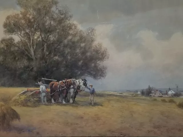 Watercolor Painting Frank English American 1854-1922 Farm Landscape Horses  Hay